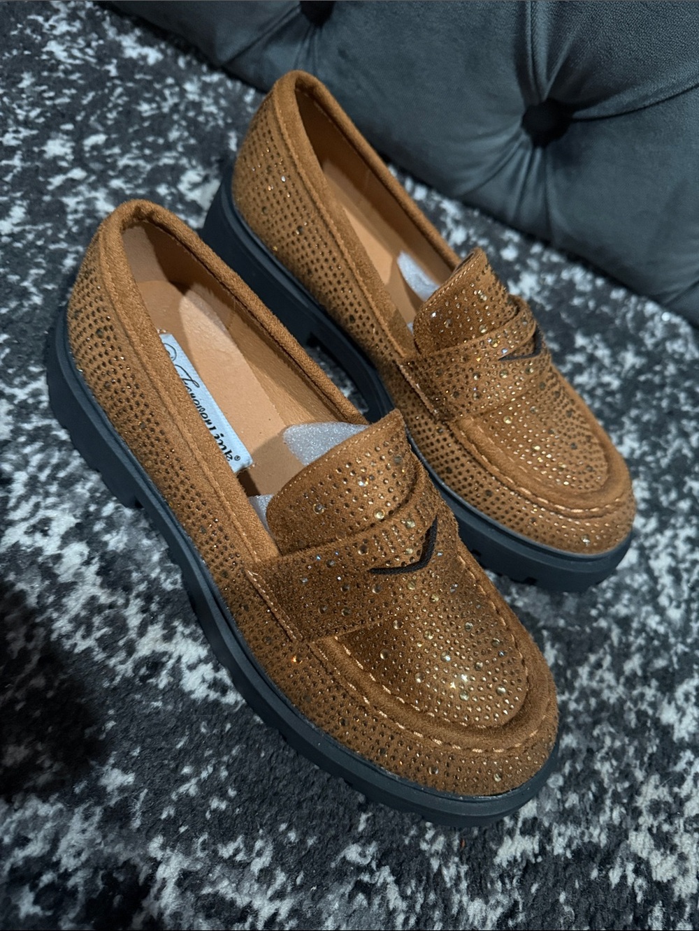 Forever Link Cognac Brown Rhinestone Penny Loafers